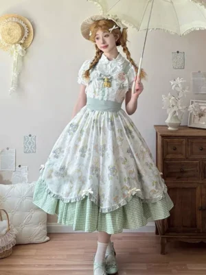 Sweet lolita country OP dress front view blonde girl twin braids green gingham layered floral print short sleeves