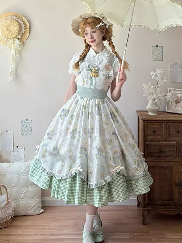 Sweet lolita country OP dress front view blonde girl twin braids green gingham layered floral print short sleeves