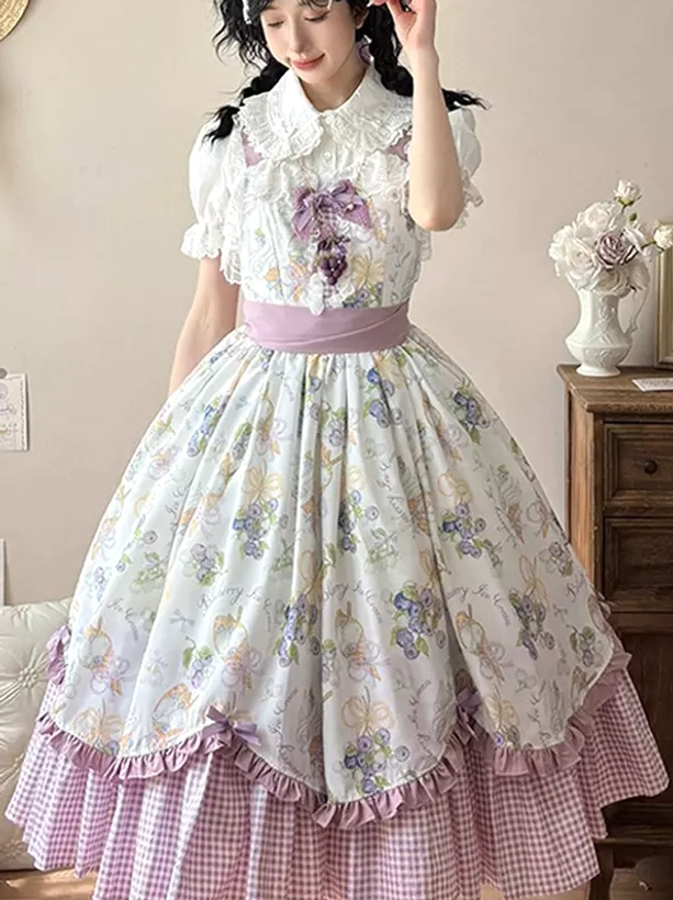 Sweet lolita country OP dress purple gingham front view black twin braids girl pink waistband floral chest decor