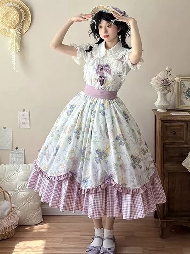 Sweet lolita country OP dress side back view black twin braids purple gingham ruffled hem pink waist sash