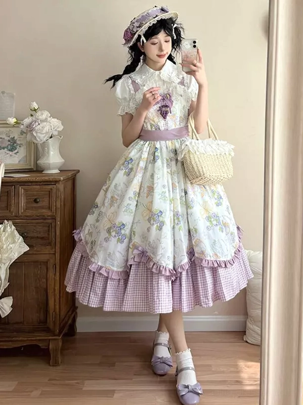 Sweet lolita country OP dress side view black twin braids purple gingham layered hem woven straw bag accessory