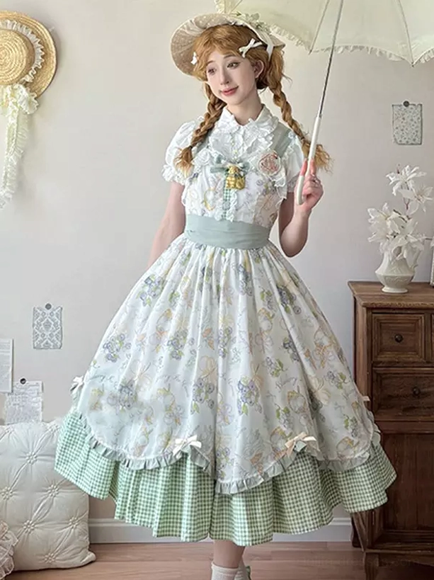 Sweet lolita country OP dress full front blonde girl twin braids lace parasol pastel floral print short sleeves