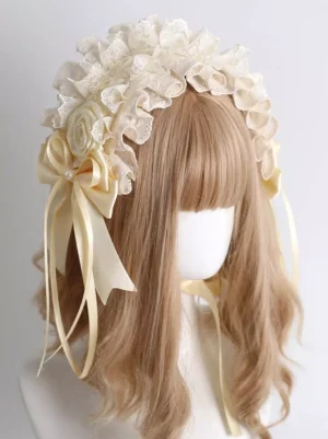 Sweet Lolita cream lace headband with beige satin bow and fabric rose, front three-quarter view on mannequin with light brown bangs wig showing ruffled lace design