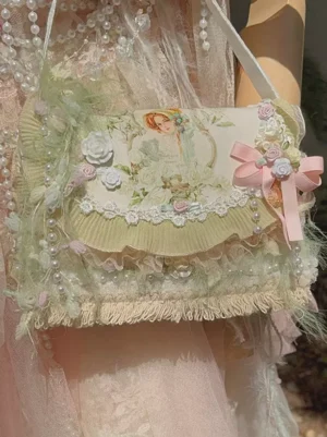 Pink lace lolita crossbody bag worn with pink lolita gown ruffled flap flower appliques fringe bottom pearl trim half-body wearing
