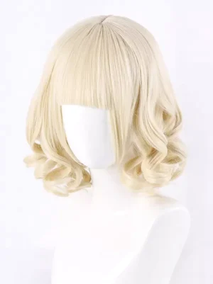 Lolita wig right front three-quarter angle showing light gold curls, side-displayed curly hair ends and delicate blunt fringe design