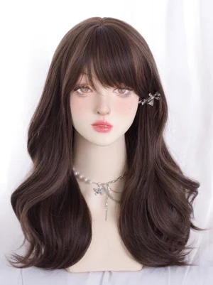 Dark brown Sweet Lolita long wavy synthetic wig displayed on mannequin head with jewelry accessories, front view showing natural loose wave texture and full volume