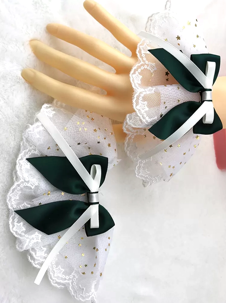 Dark green satin hair bow coordinated with white ruffled mesh wrist cuffs featuring gold stars and scalloped lace hem, Sweet Lolita oversleeves accessory