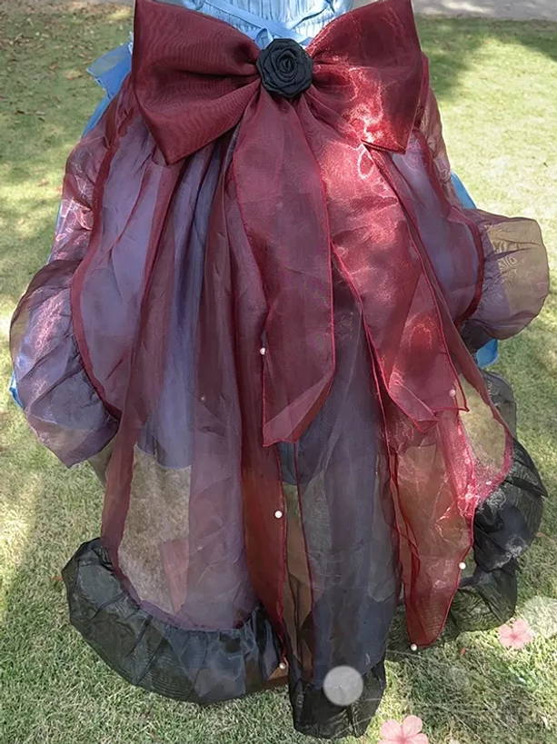 sweet-lolita-detachable-train-burgundy-dark-gradient-organza-bow-black-fabric-rose-layered-tail-faux-pearls