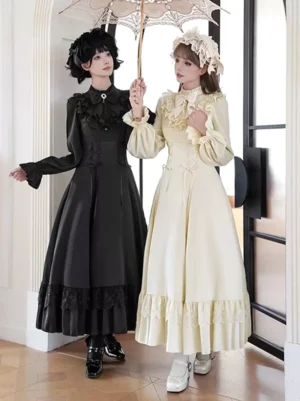 Sweet Lolita long dress apricot colorway full front view with ruffled lace collar and bishop sleeves romantic princess gown