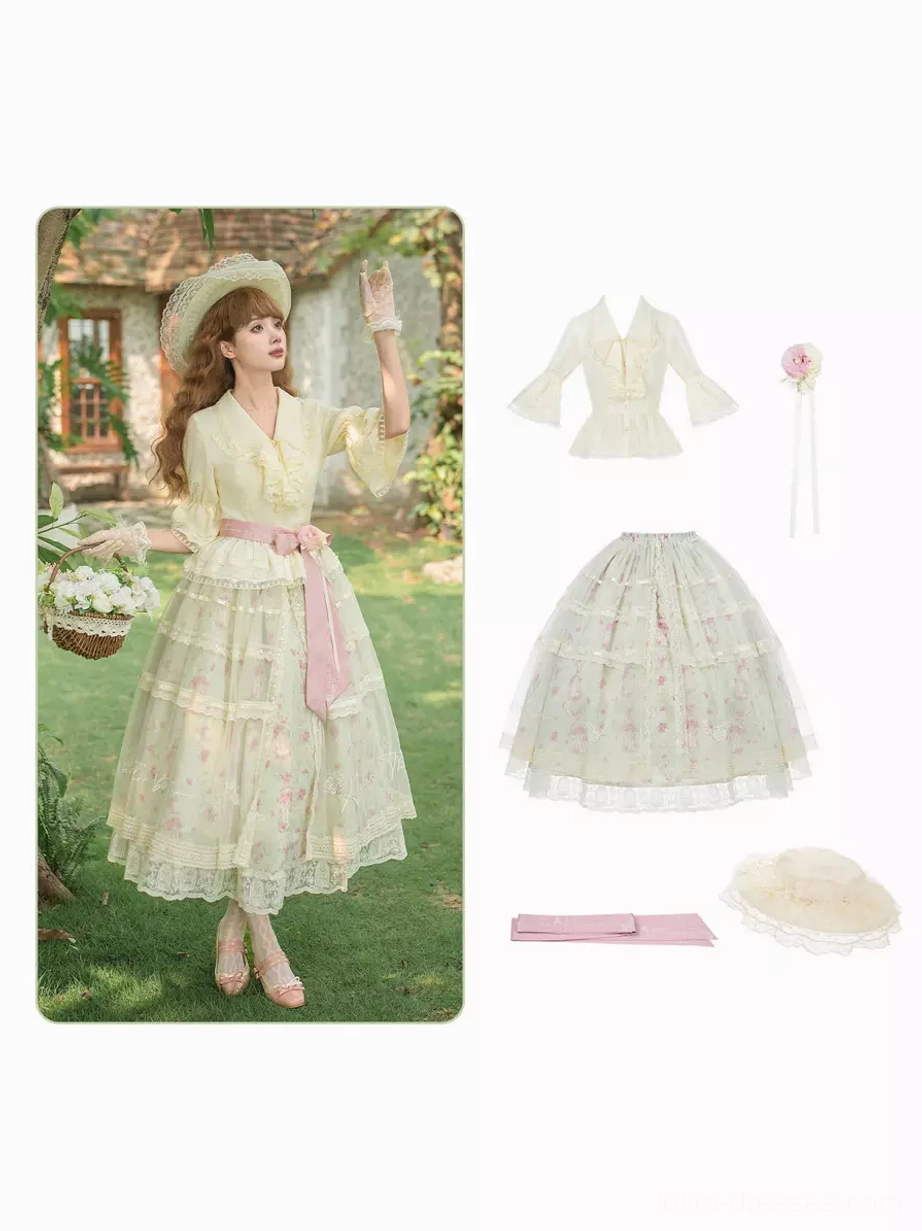 Sweet lolita dress single model back three quarter view outdoor stone house cream floral pink sash