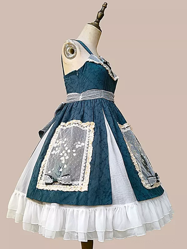 Back three-quarter mannequin view of sweet lolita dress showing lace-up back closure, embroidered lace panels, and ruffled skirt hem