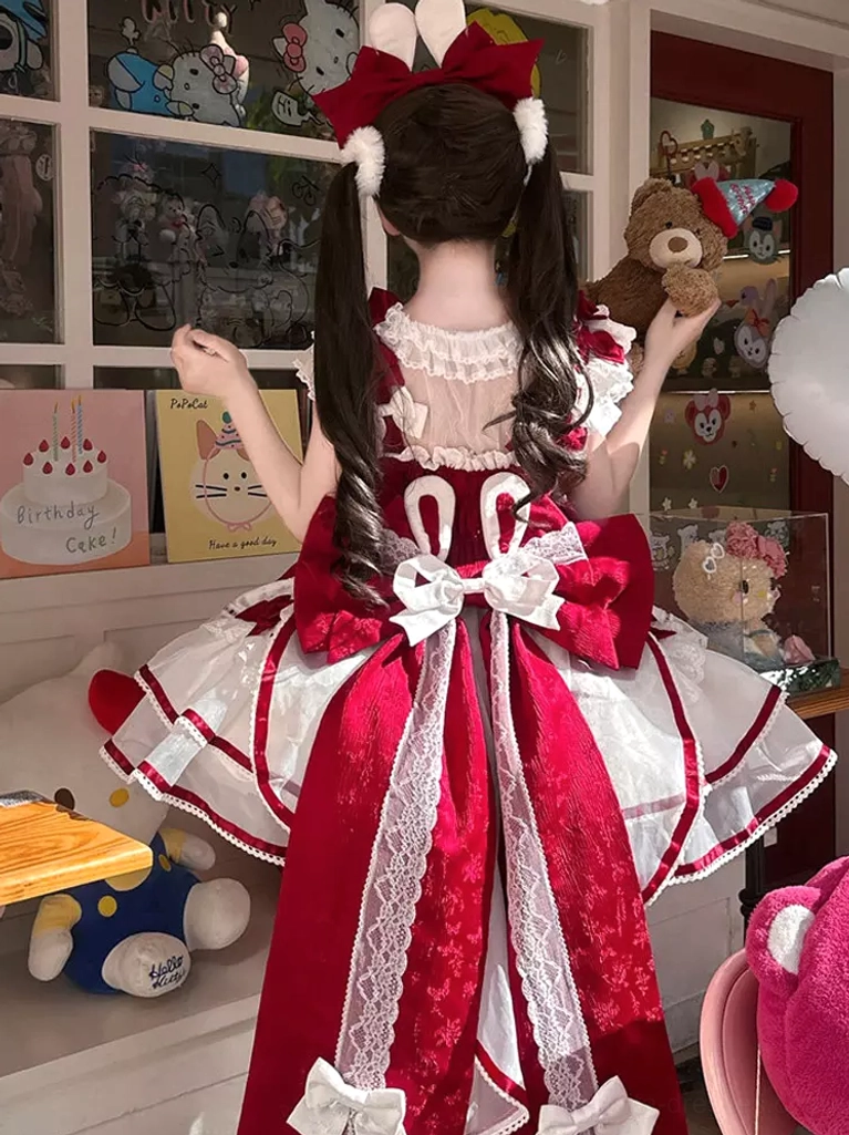 Sweet lolita pinafore dress back view long lace train big back bow rabbit ear design