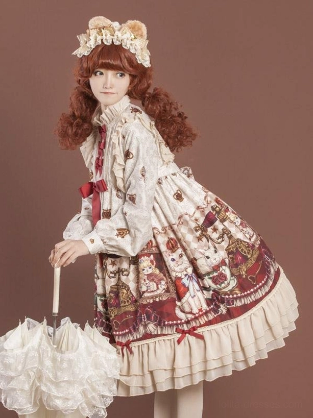 Sweet lolita dress back three-quarter view white upper wine red printed skirt beige ruffled hem small red bows