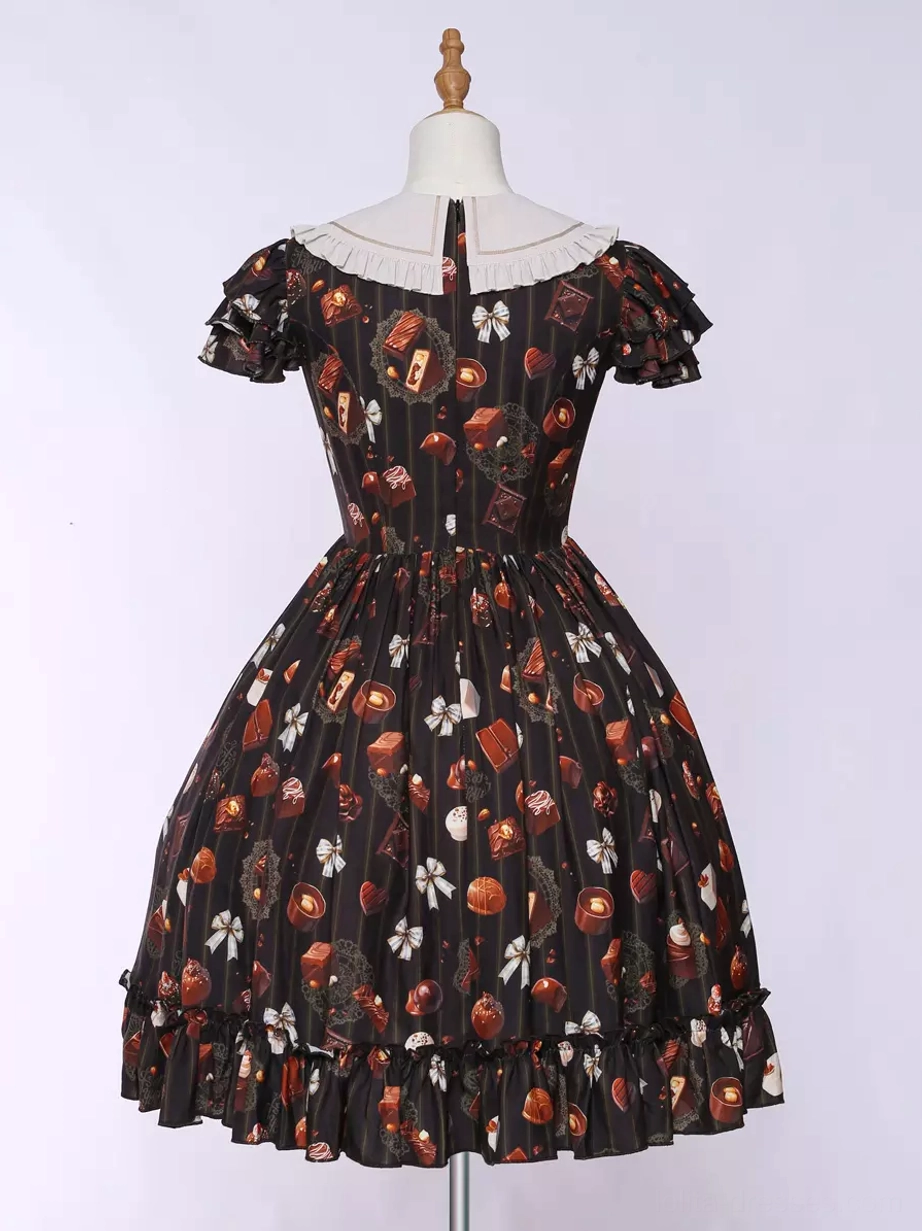 sweet lolita dress back view back zipper closure scalloped white collar trim all-over chocolate print dark striped base fabric