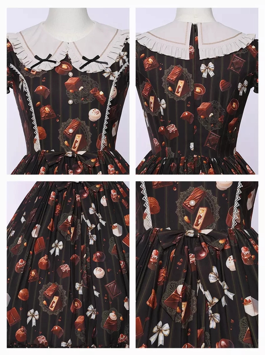 lolita dress bodice close-up dual black bow accents lace neckline trim peter pan collar white ruffles dark striped fabric