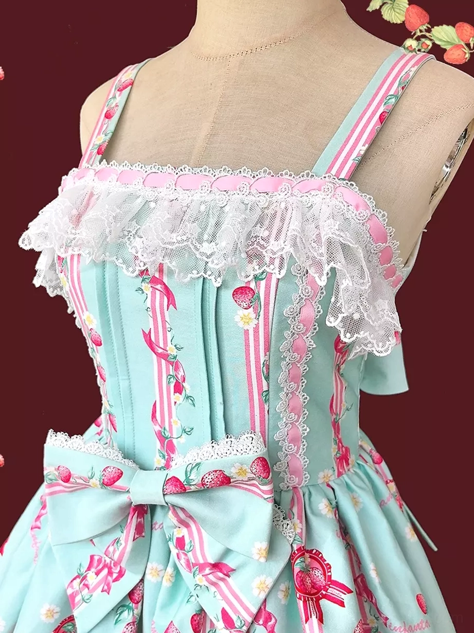 Close-up detail shot of sweet lolita dress bodice featuring lace ruffled neckline, pink striped spaghetti straps, front bowknot embellishment, strawberry floral details on dark red background