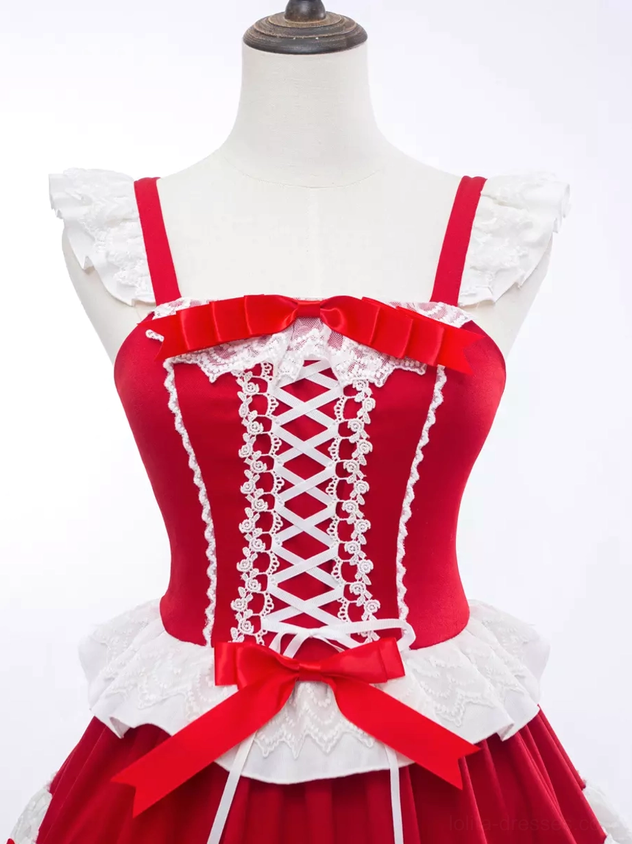 Sweet lolita dress bodice detail corset-style front decorative bows red white contrast