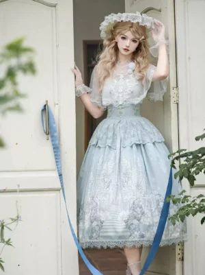 Sweet lolita two-piece set with blue ribbons vintage style bonnet adjustment at white garden door entrance classic lolita aesthetic