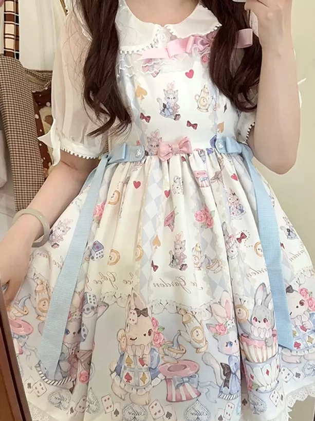 Close-up detail sweet Lolita dress Peter Pan collar printed patterns sheer short sleeves lace trim delicate design