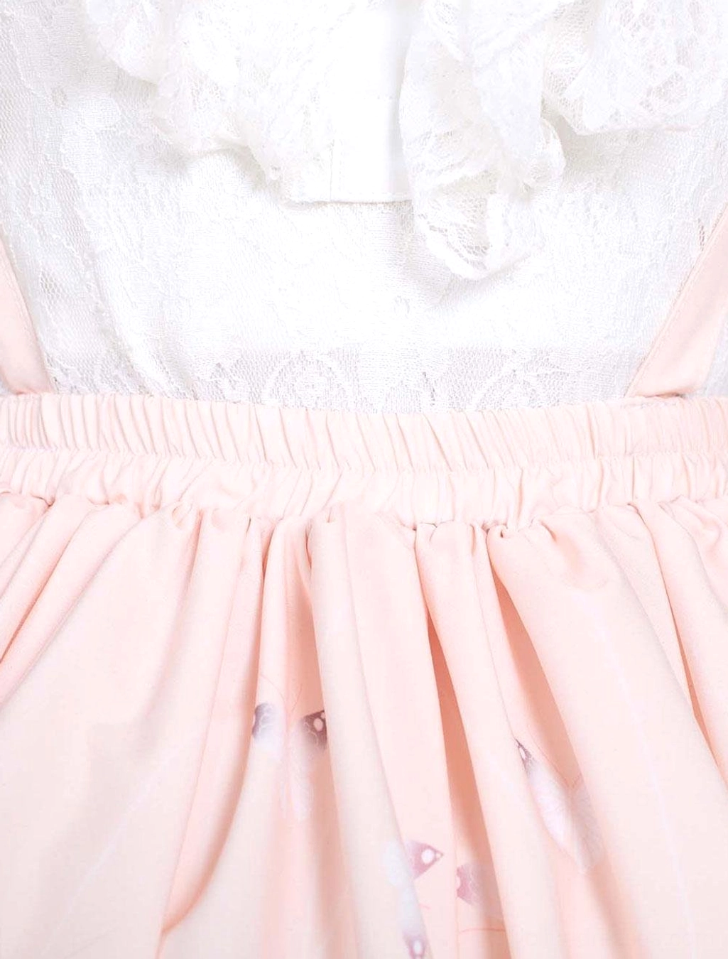 Sweet lolita dress close-up upper body showing ruffled lace collar and elastic waistband construction