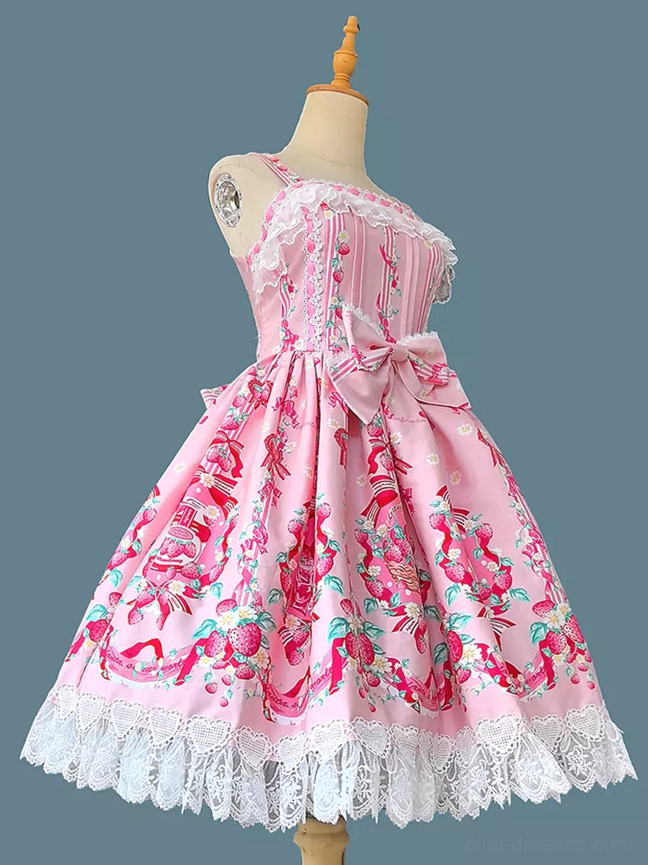 Sweet lolita dress color variation and style guide showcasing multiple colorways including black, pink, and light sky blue options with different lace and bowknot details