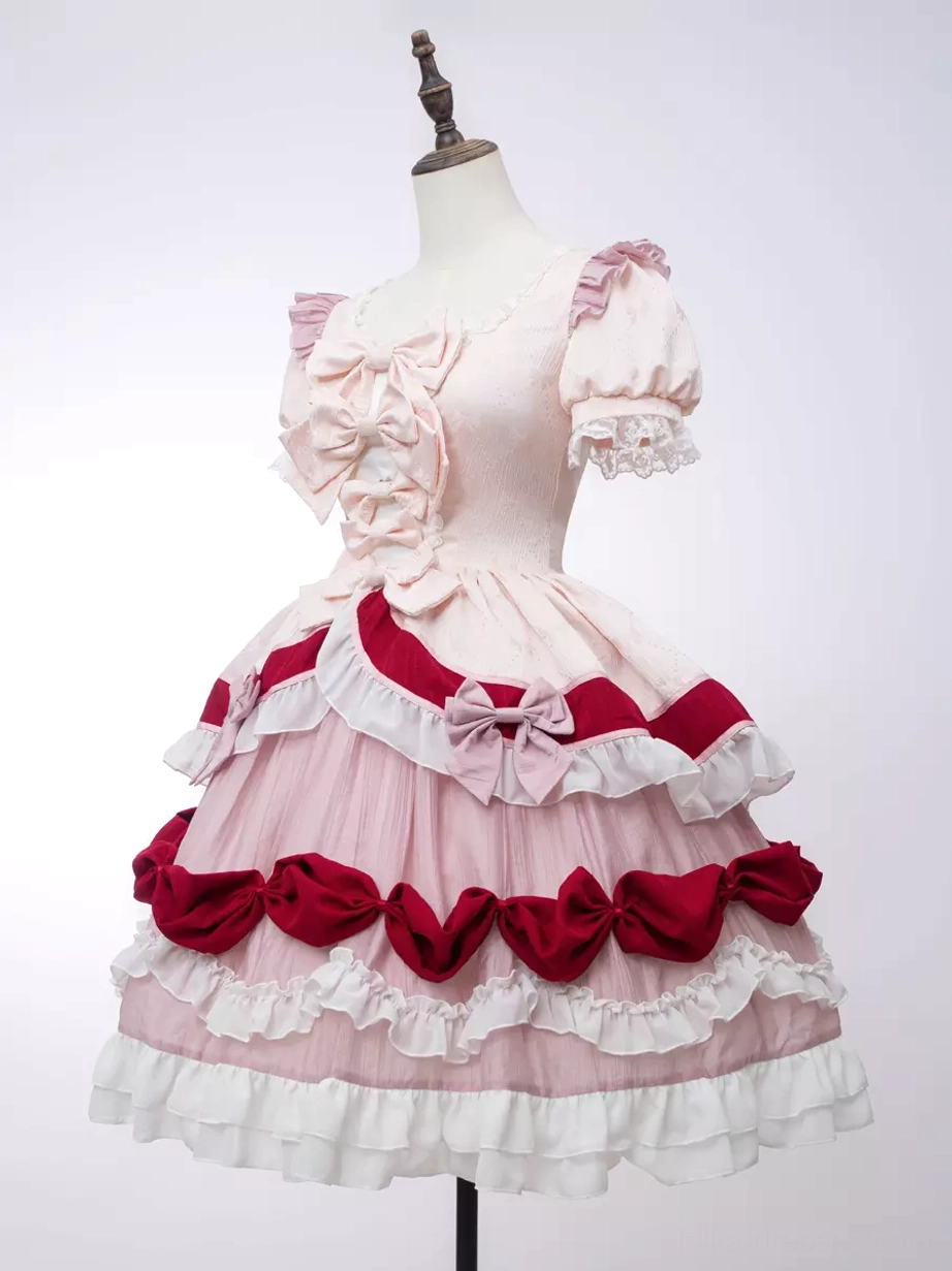 Sweet Lolita dress color variations display showing different color options and coordinate styling suggestions for the one-piece dress with bow and ruffle details