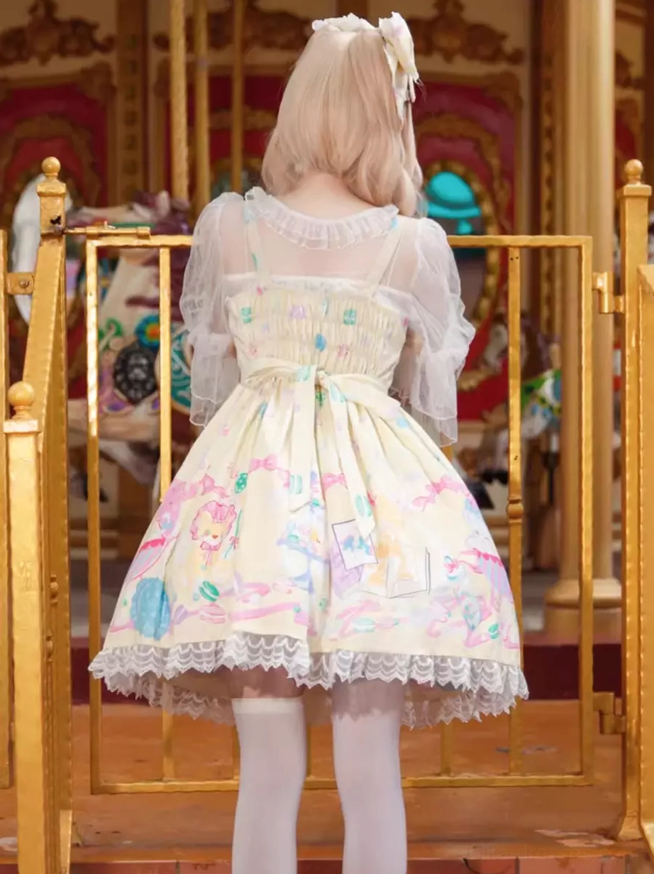 Sweet lolita dress color variations displayed showing yellow and mint green pastel options with coordinated bow details, lace hem, and themed cartoon print