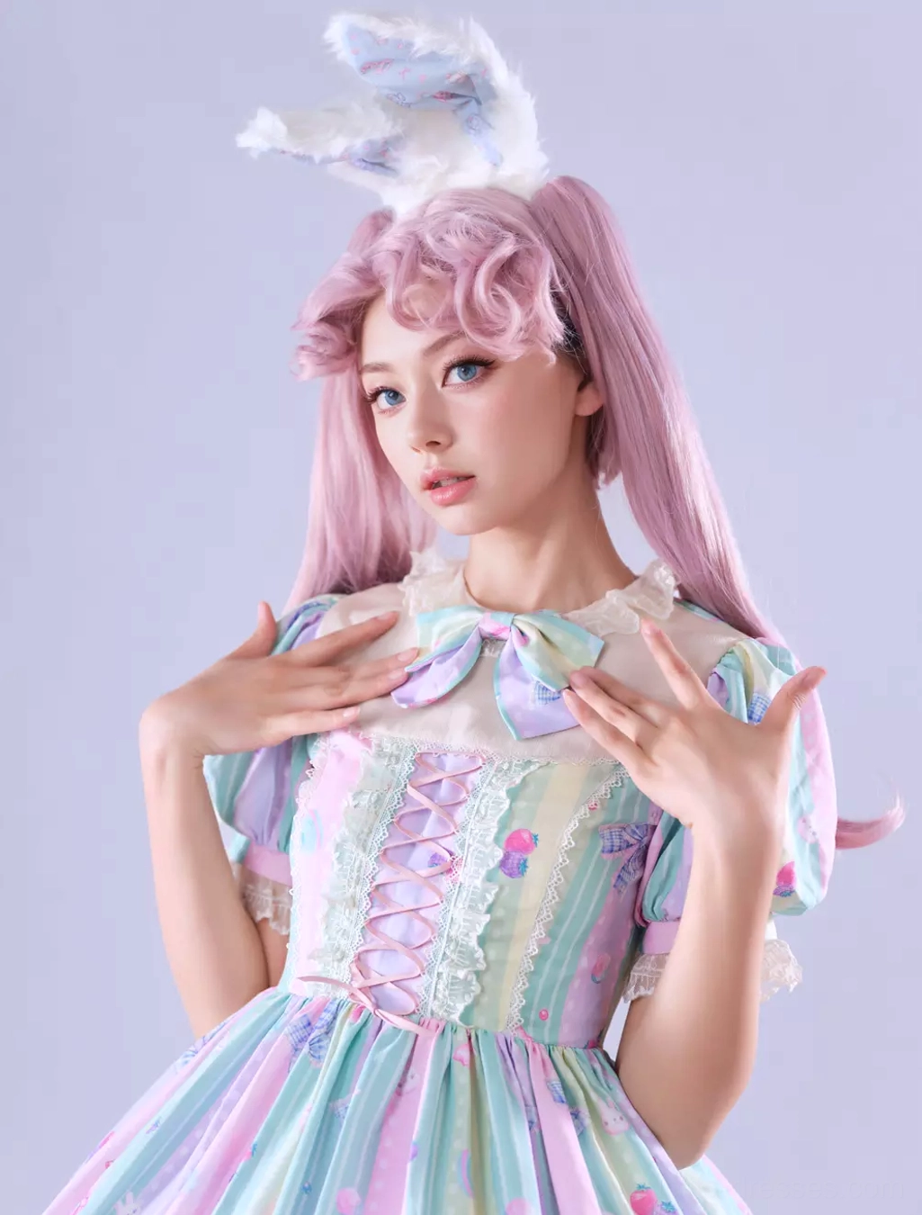 Sweet lolita dress complete ensemble with all coordinating accessories including animal ear headband, platform shoes, and complete outfit styling inspiration