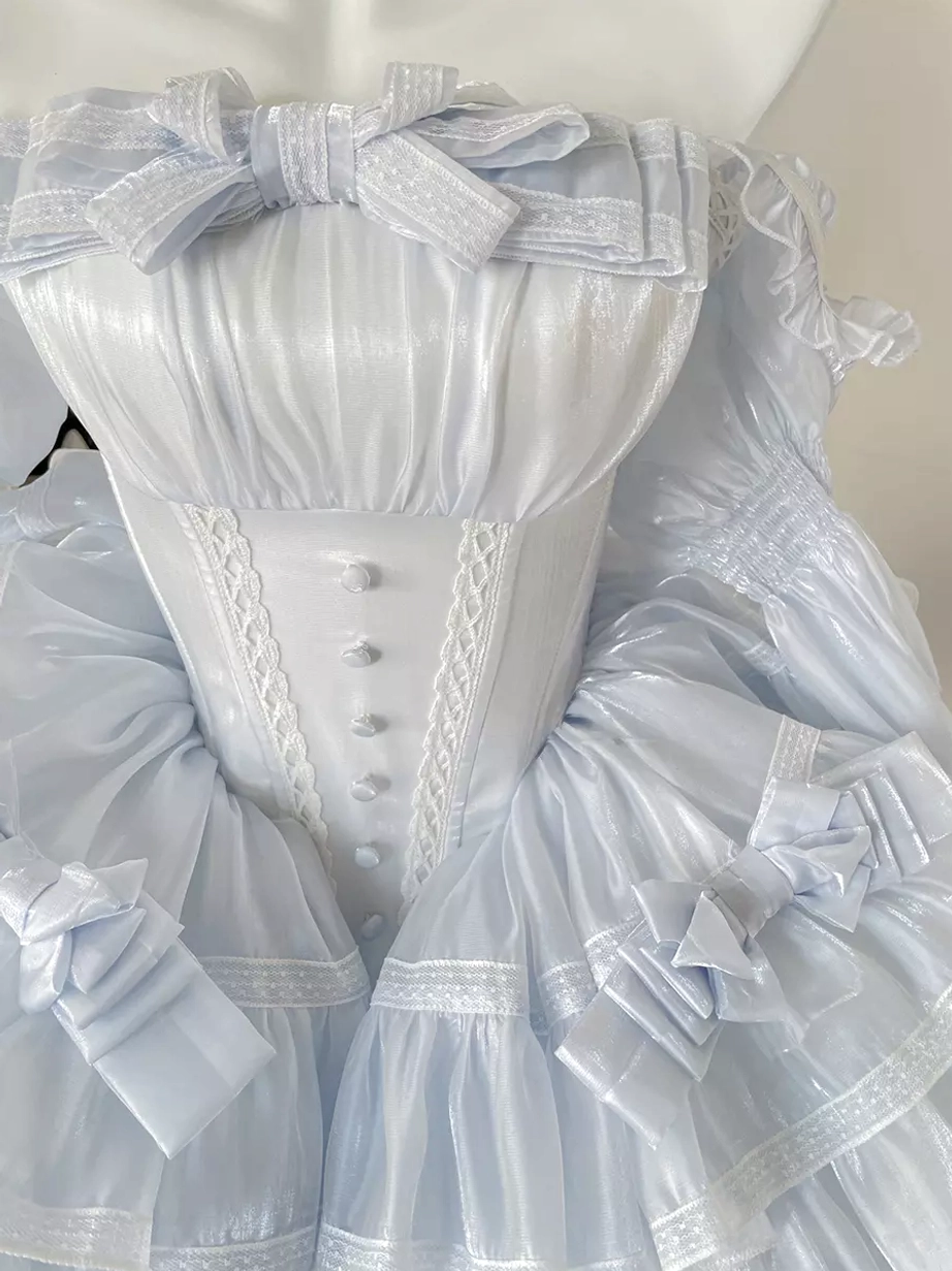 Sweet lolita dress complete ensemble with rabbit ear headpiece, light blue bow choker, coordinating accessories, and full silhouette demonstration