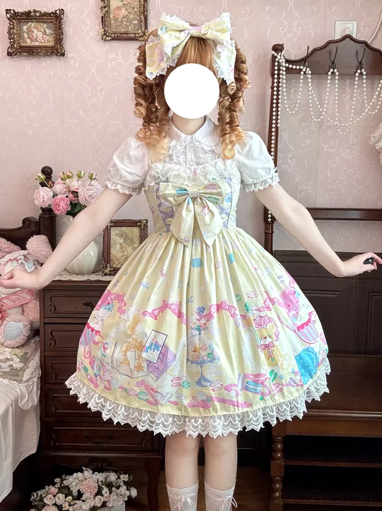 Sweet lolita dress styling inspiration showing full coordinate with accessories, lace-trimmed hem detail, oversized bow element, and complete whimsical aesthetic