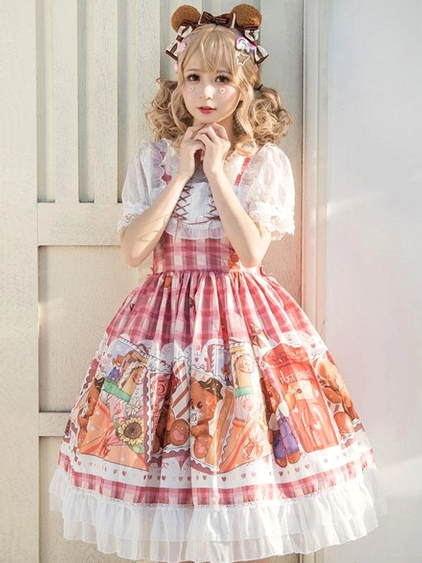 Sweet lolita dress corset style front lace up detail neckline close up showing pink gingham print and lace collar trim