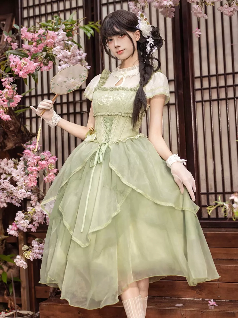 Sweet lolita midi dress collection featuring corset bodice, puff sleeves, and layered tulle in multiple colors available in sizes S M L for lolita fashion enthusiasts