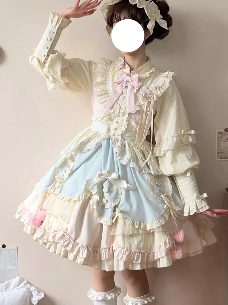 cream pink blouse skirt set sweet lolita dress pink collar bow ruffled sleeve cuffs pink pom-pom skirt trims side mirror selfie