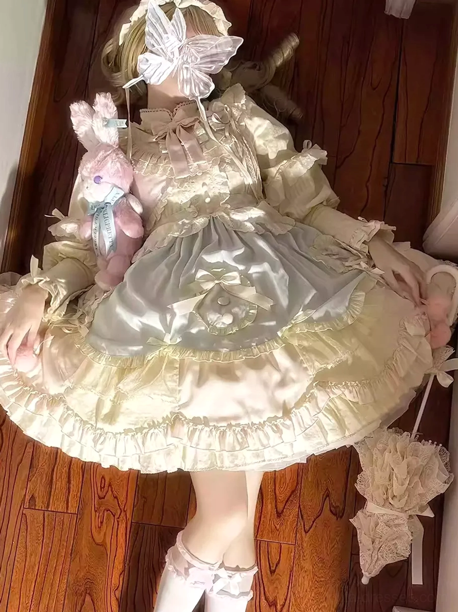 cream solid classic sweet lolita dress satin fabric ruffled hem white lace-trimmed socks matching hair bow butterfly accessory rabbit plush