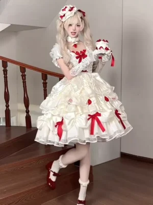 Sweet lolita cream white dress three-quarter front view, blonde twin-tail model holding strawberry-themed handbag, red leather Mary Jane shoes, ruffled tiered skirt silhouette, red ribbon corset bodice, coordinating lolita accessories