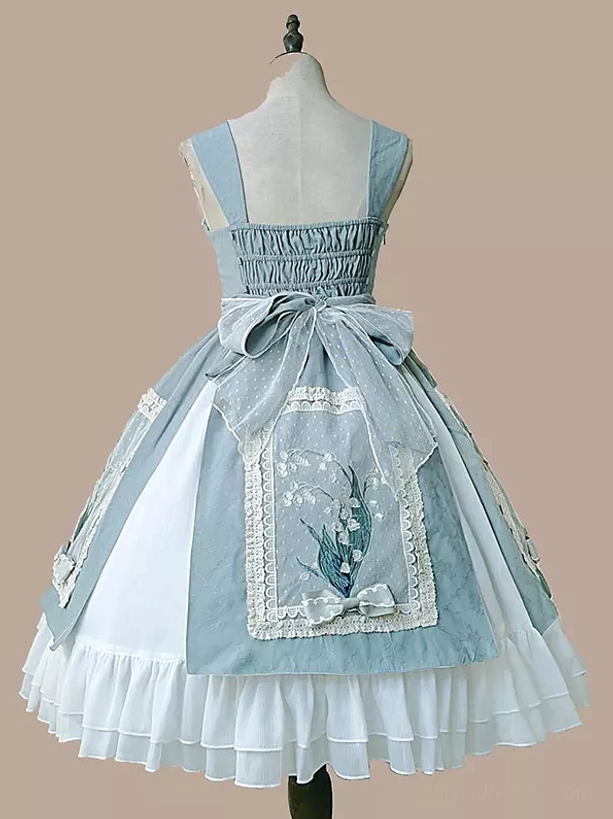 Sweet lolita dress product detail shot highlighting embroidered lily of the valley motifs and lace-trimmed design elements