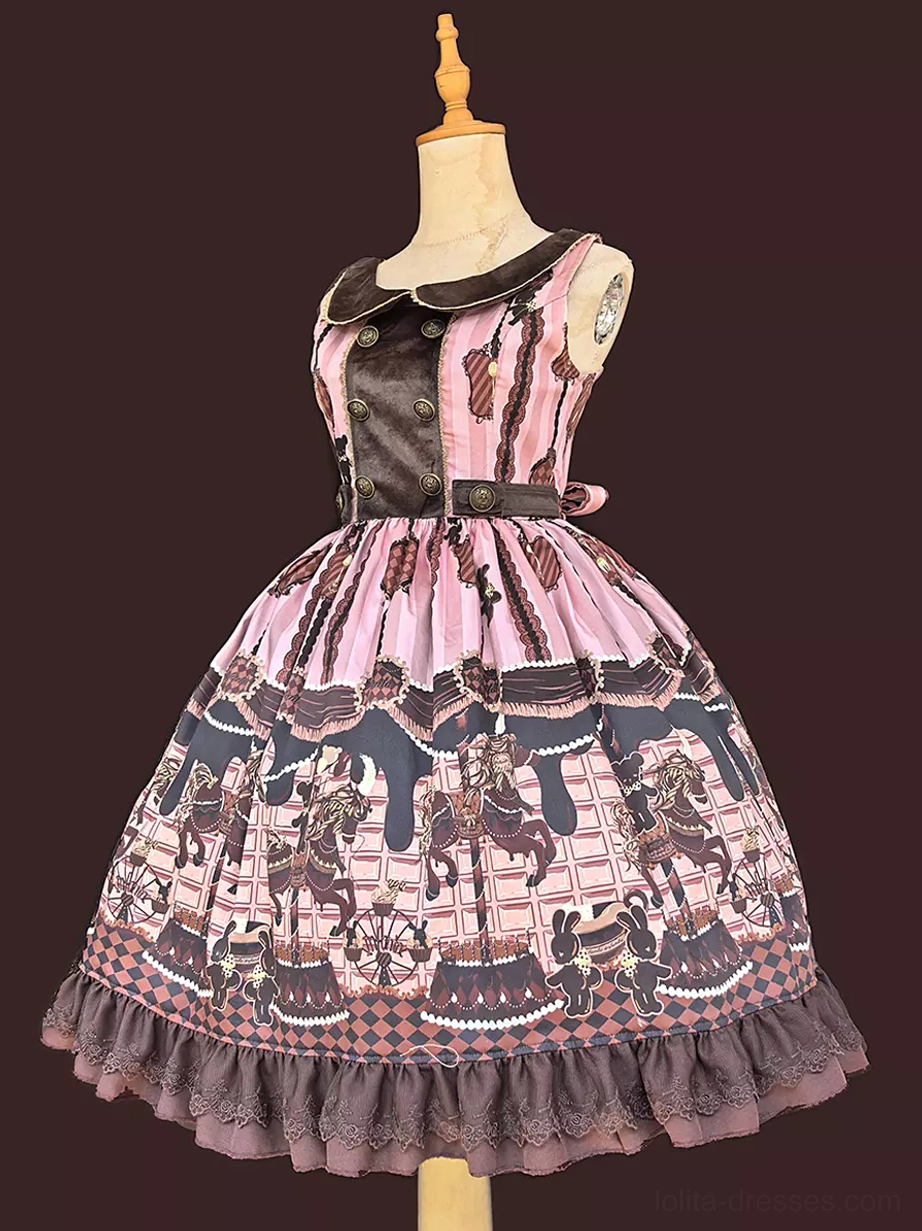 Sweet lolita carousel dress set showing double-breasted front panel decorative detail and fitted waist construction