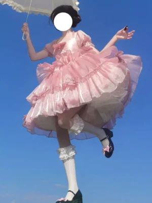 Sweet Lolita OP Dress - Dynamic Oblique Angle with Model Holding Umbrella and Wearing Frilly Accessories