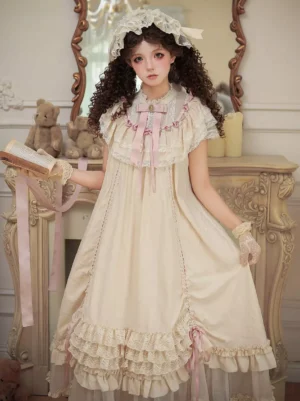 Ecru white sweet lolita dress half front detail shot lace yoke pink bow collar puffed ruffled sleeves vintage interior backdrop