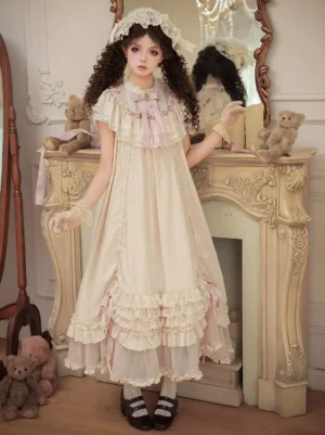 Sweet lolita dress ecru white short sleeves full front view with curly model wearing lace bonnet gloves vintage fireplace teddy bear room setting