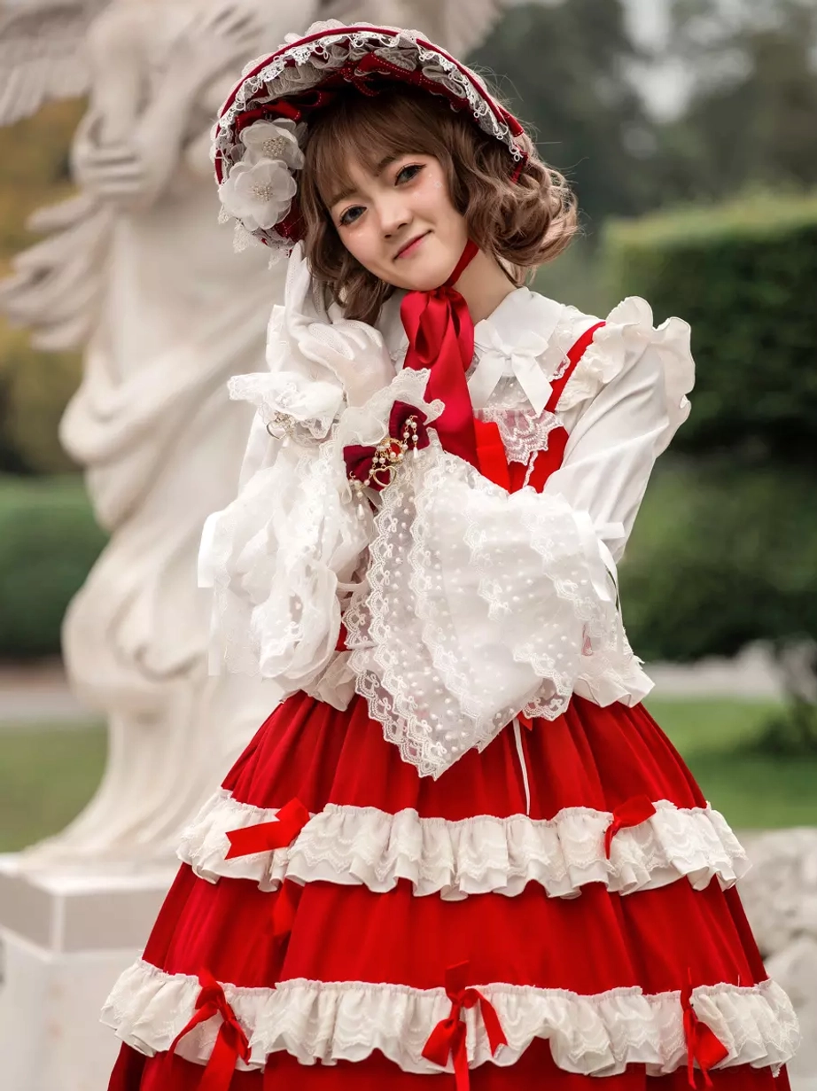 Sweet lolita dress close-up flared lace sleeve blouse red neck bow lace handbag accessory