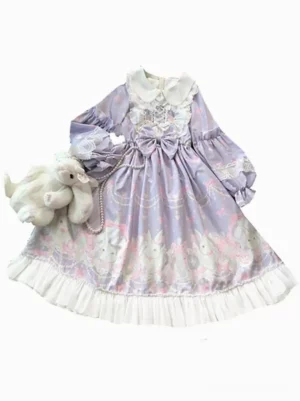 Sweet lolita dress flat lay display showing Peter Pan lace collar, oversized front bow, and attached rabbit plush bag on white background