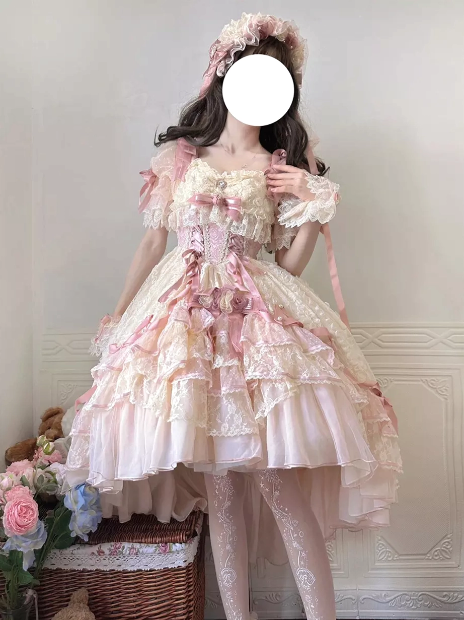 Sweet lolita wedding dress side three-quarter standing pose with hand-on-chest showing lace wrist cuffs flower headdress and elegant silhouette