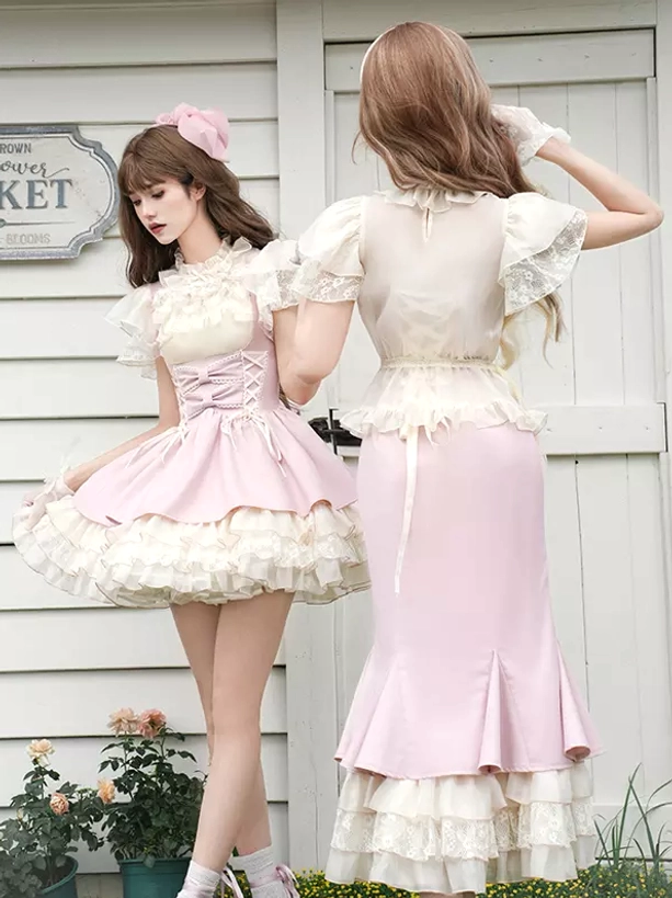 Combined rear and front views of sweet lolita dress set showing two different fishtail skirt style variations