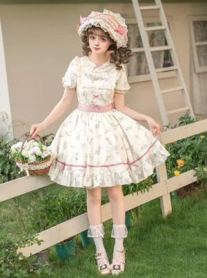 Sweet lolita short sleeve ruffle collar dress full front view with lace socks heels yard setting complete outfit styling