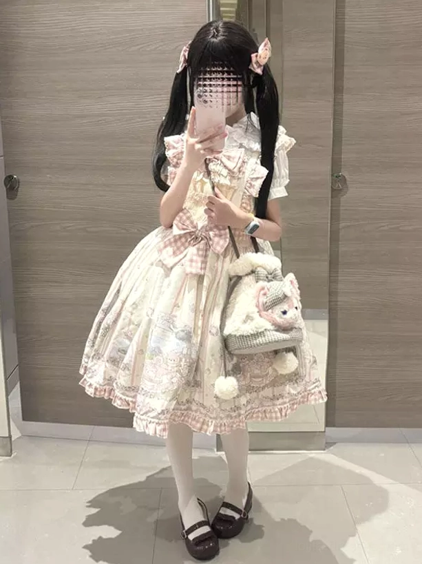 Full-length sweet lolita dress with voluminous ruffled skirt hem, large front pink bow, and plush crossbody bag in complete floor-length mirror selfie