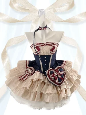 Strapless halter neck variant of sweet lolita dress with cream tiered ruffled skirt, bow-trimmed corset bodice, and coordinating heart-shaped handbag display