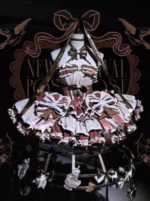 Sweet Lolita dress full length front display with halter ribbons multi-layered ruffled hem brown pink cream tones vintage backdrop
