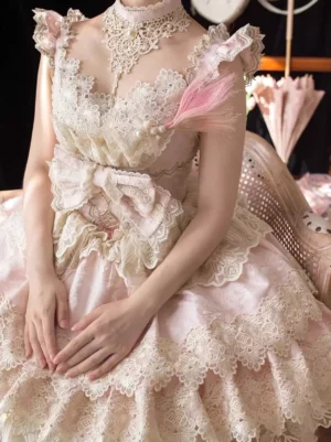 Sweet Lolita dress with high lace collar, pink feather hair decor, layered lace skirt and waist bow, luxury fashion styling detail