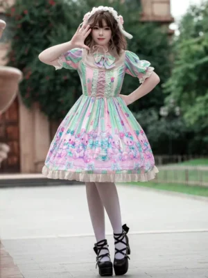 Sweet lolita dress full front view featuring high waist silhouette, lace-up front bodice, coordinating neck bow, and A-line skirt with ruffled hem, styled with bunny hair accessory and black platform heels